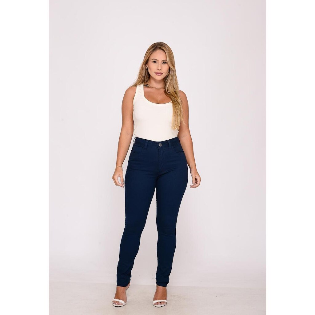 Calça Feminina Alfaiataria Em Sarja Azul Marinho
