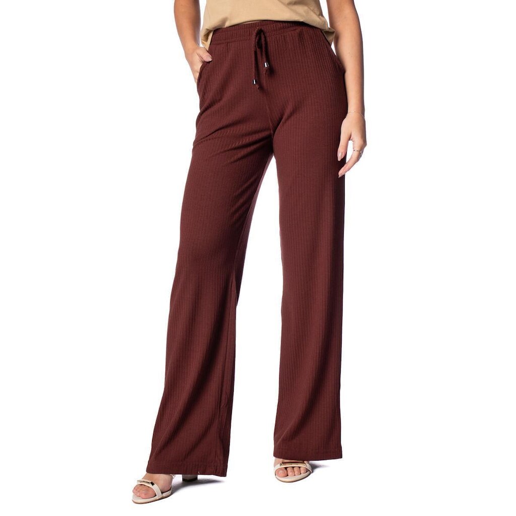 Calça Feminina Bruna E Bia Wide Leg Canelada Marrom