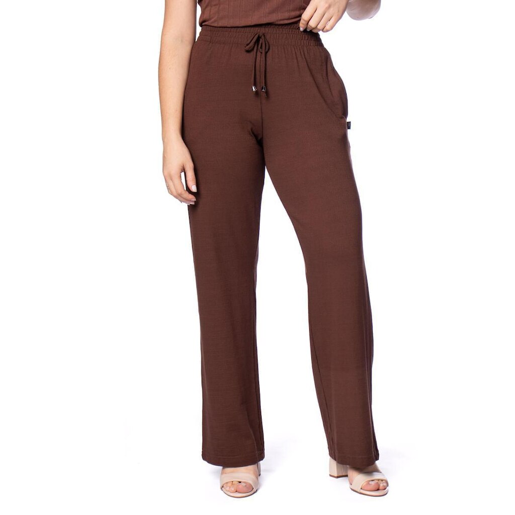 Calça Feminina Bruna E Bia Wide Leg Em Malha Marrom