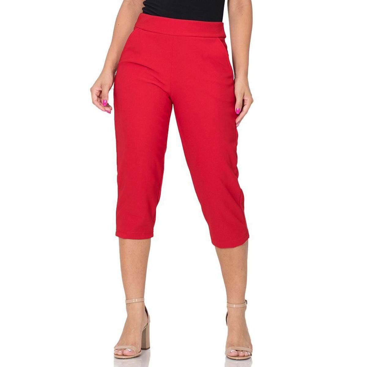 Calça Feminina Capri Gorgurinho Com Cós Elástico Bolso Lisa - Vermelho Menor preço em Calça Feminina Capri Gorgurinho Com Cós Elástico Bolso Lisa - Vermelho