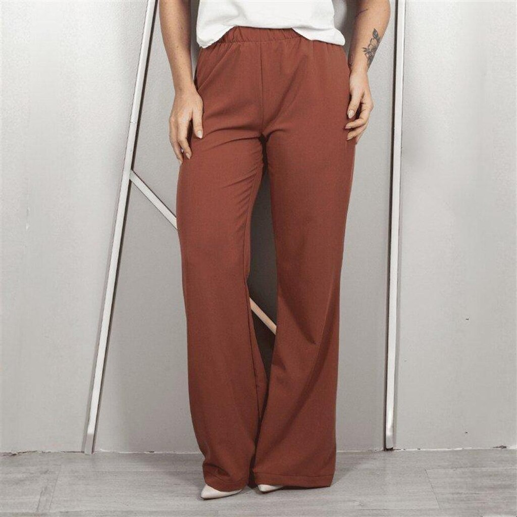 Calça Feminina Cintura Alta Elástico Confortável Com Bolsos Casual Reta