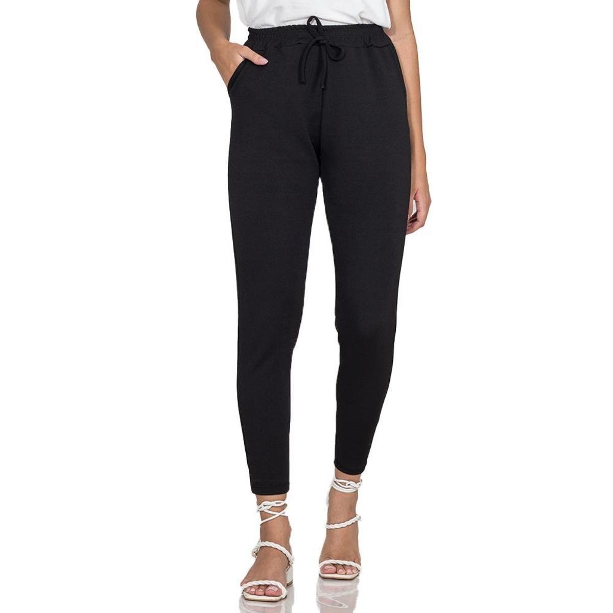 Calça Feminina Crepe Com Bolso Casual Cós Médio Elástico Lisa - Preto Menor preço em Calça Feminina Crepe Com Bolso Casual Cós Médio Elástico Lisa - Preto