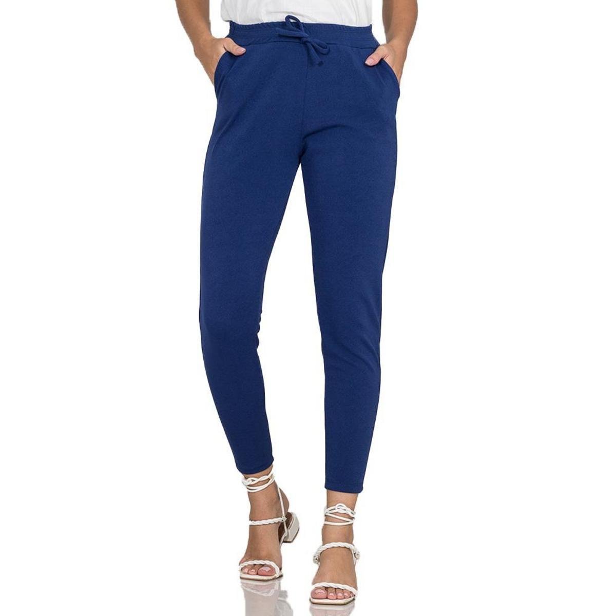 Calça Feminina Crepe Com Bolso Casual Cós Médio Elástico Lisa - Azul Menor preço em Calça Feminina Crepe Com Bolso Casual Cós Médio Elástico Lisa - Azul