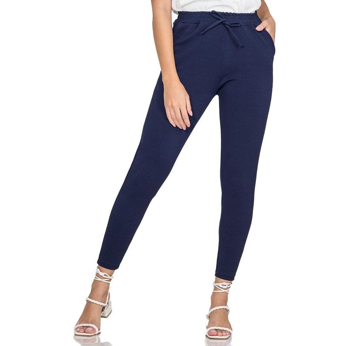 Calça Feminina Crepe Com Bolso Casual Cós Médio Elástico Lisa - Azul Escuro Menor preço em Calça Feminina Crepe Com Bolso Casual Cós Médio Elástico Lisa - Azul Escuro