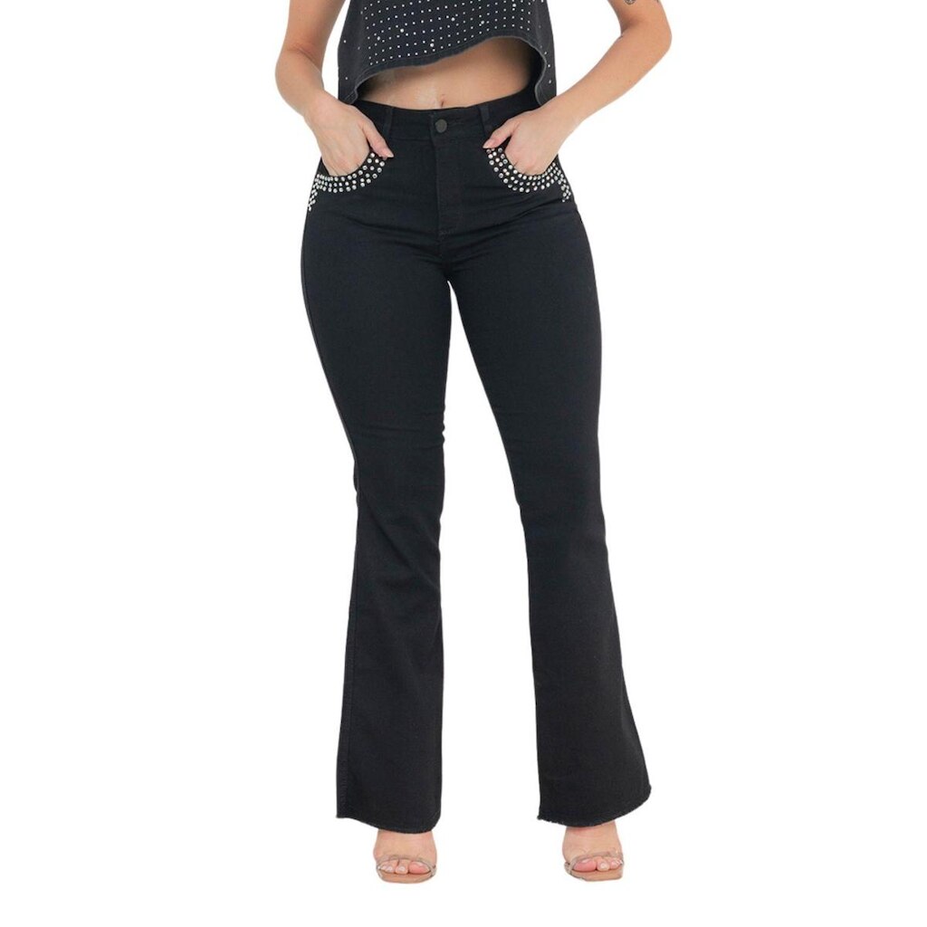 Calça Feminina Flare Jeans com Strass ao Redor do Bolso