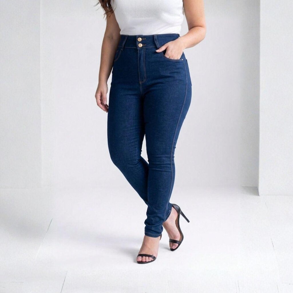 Calça Feminina Jeans Plus Size Skinny Cintura Alta Com Elastano