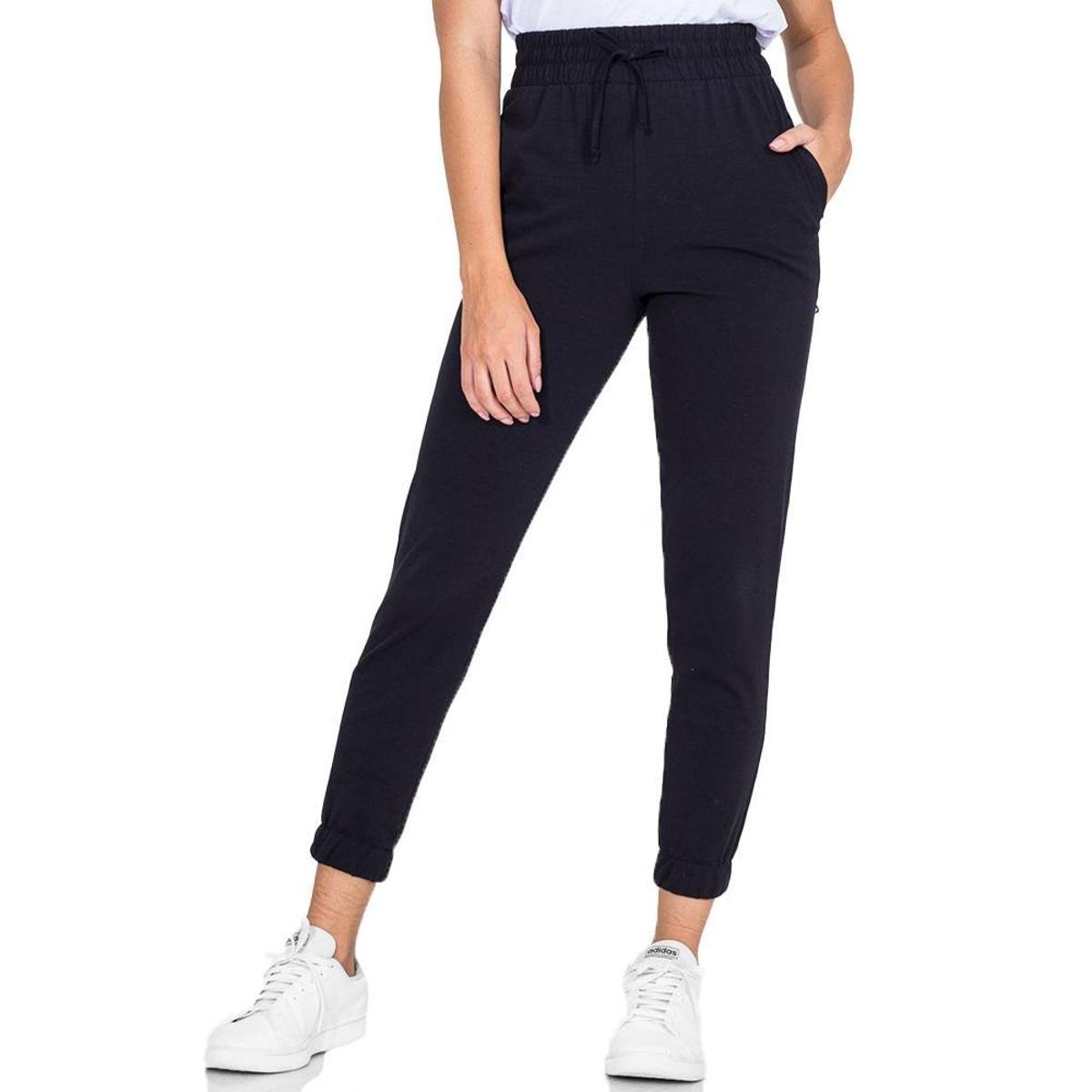 Calça Feminina Jogger Com Bolso Cós Elástico Cordão Lisa - Preto Menor preço em Calça Feminina Jogger Com Bolso Cós Elástico Cordão Lisa - Preto
