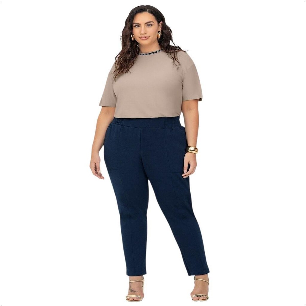 Calça Feminina Justa Elegante Plus Size Com Bolsos Piquet