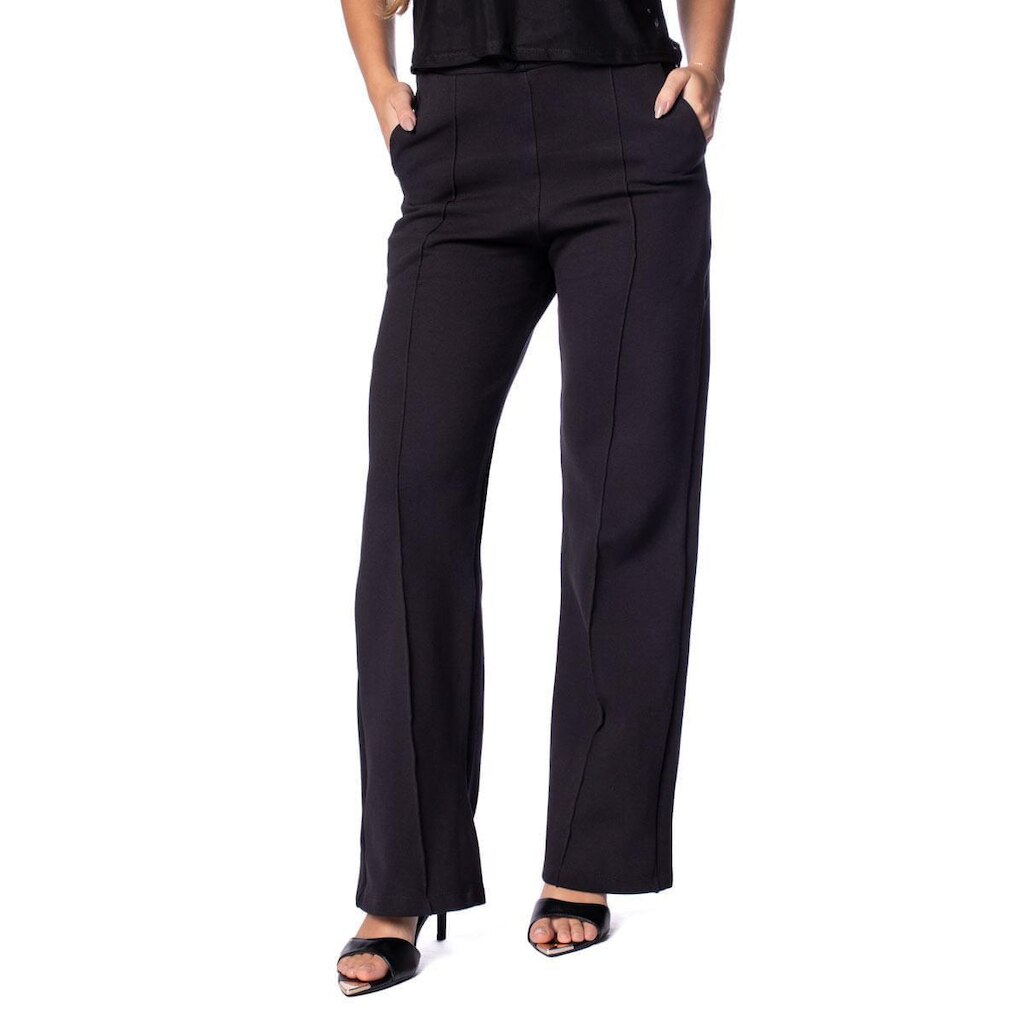 Calça Feminina Olho Fatal Wide Leg Jacquard Malha Preto
