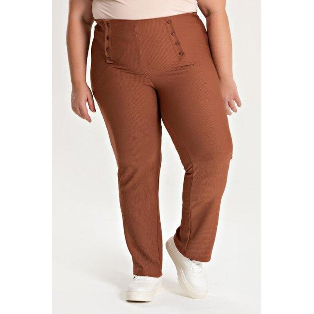 Calça Feminina Plus Size Malha Turim Cós Reto Detalhe Botão - Serena