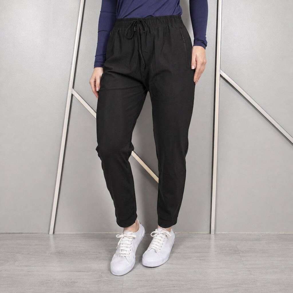 Calça Feminina Poliamida Cós Elástico Cintura Alta com Bolsos Zíper Modelagem Reta Confortável Macia