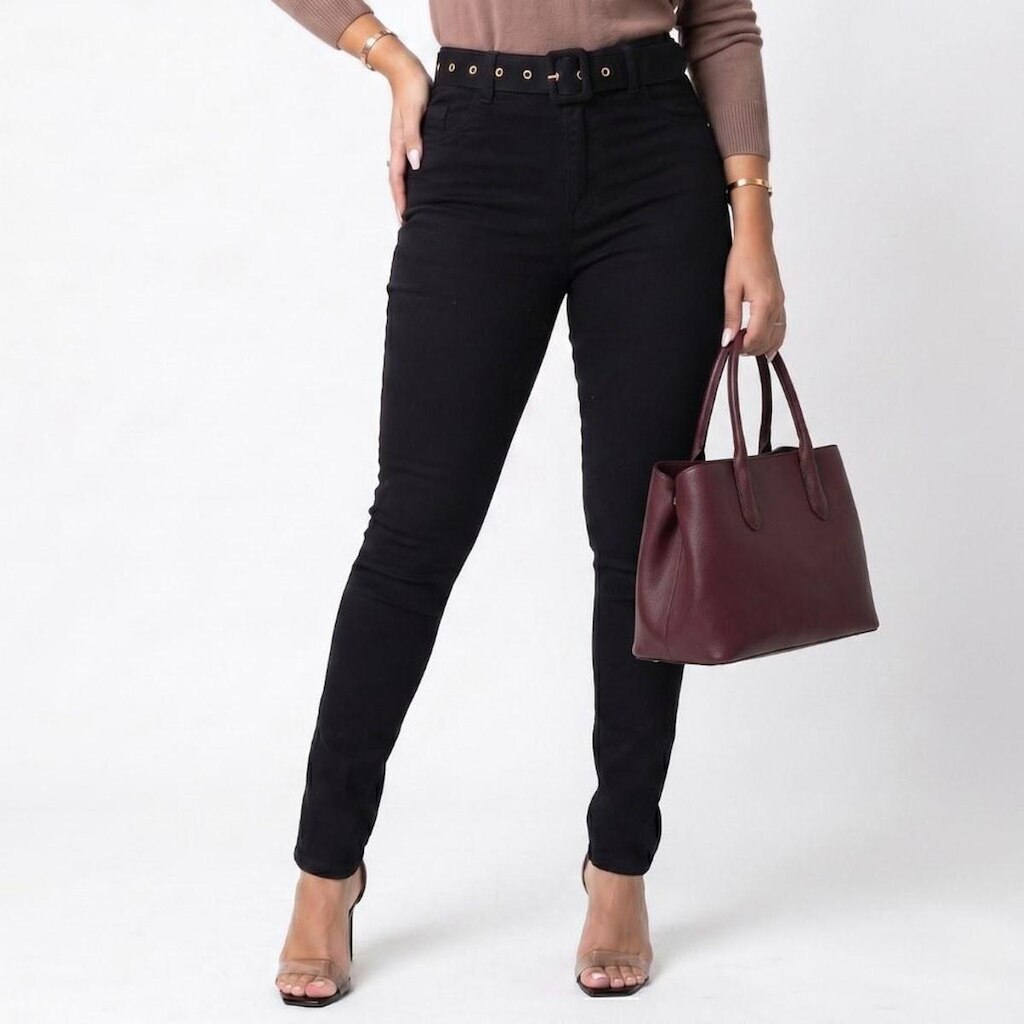 Calça Feminina Skinny Cintura Alta Com Cinto Preta