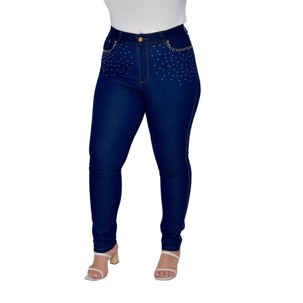 Calça Feminina Skinny Jeans Escuro e Strass no Bolso com Pedraria
