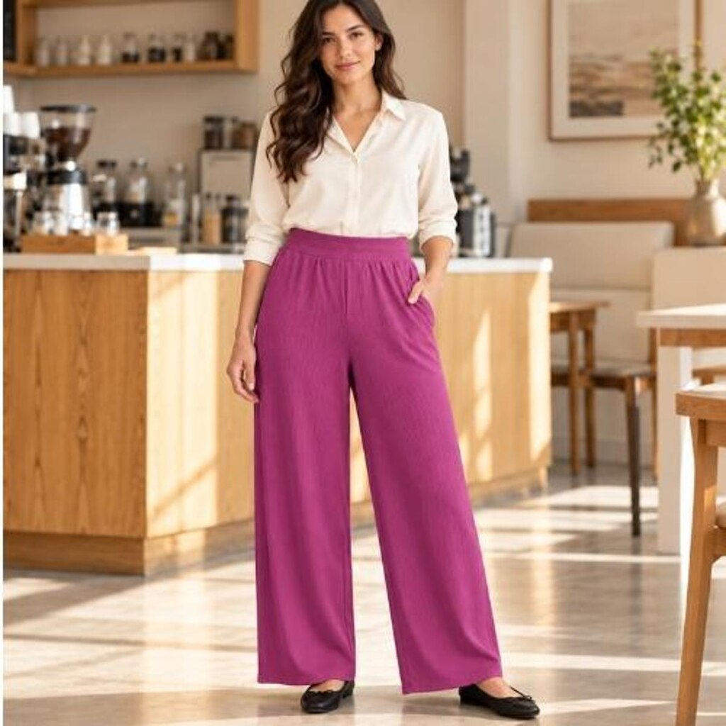 Calça Feminina Wide Leg Canelada com Bolsos Laterais e Cós Elástico Malwee