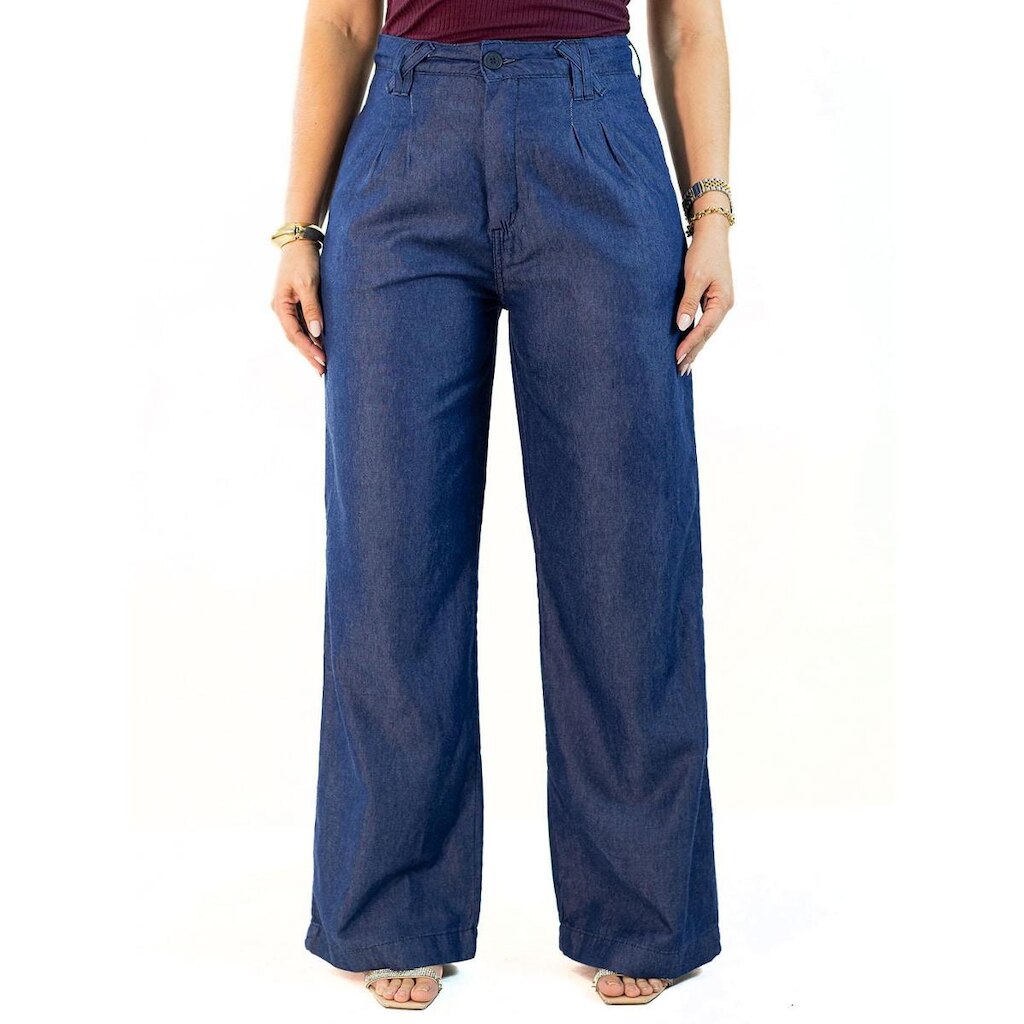 Calça Feminina Wide Leg Jeans Soft Prega Frontal Alta Anticorpus