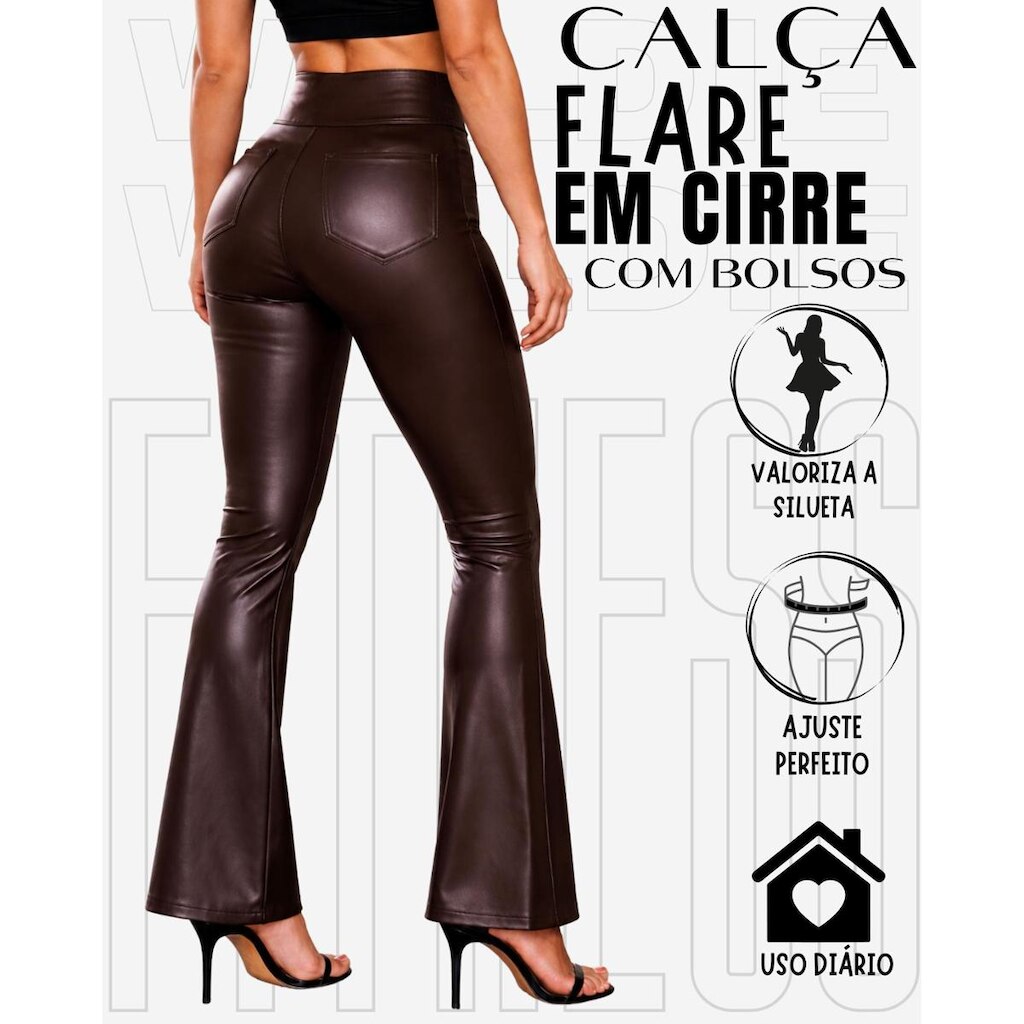 Calça Flare Bailarina Em Cirre Imita Couro Com Bolsos Elegante Casual WOLFOX