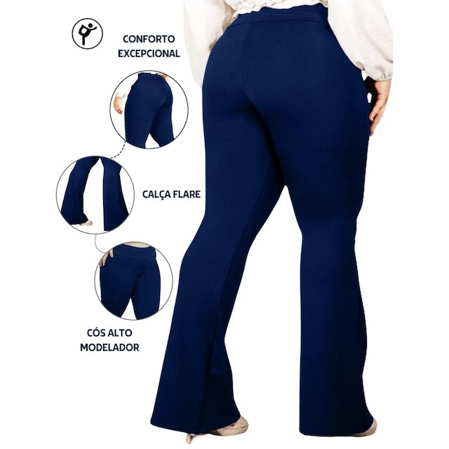Calça Flare Bailarina Plus Size G1 G2 G3 G4 Cós Alta Em Suplex WOLFOX