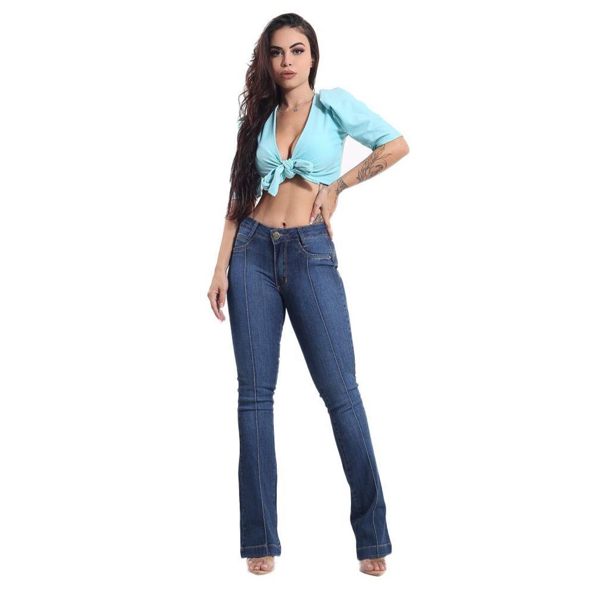 Calça Flare Feminina Jeans Com Licra Cintura Alta Azul Marinho Stone 23 Menor preço em Calça Flare Feminina Jeans Com Licra Cintura Alta Azul Marinho Stone 23