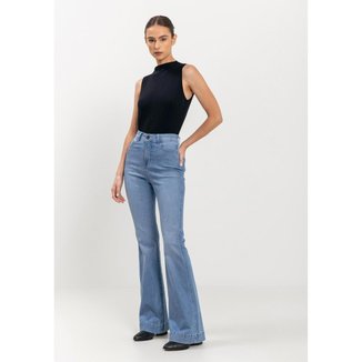 Calça Flare Jeans Perfect Com Cintura Alta E Bolsos