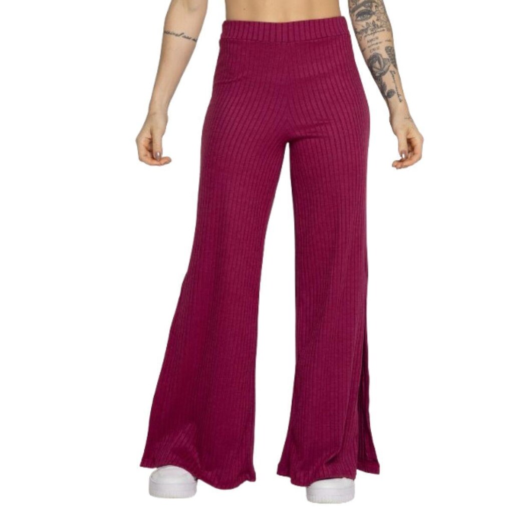 Calça Flare Pantalona Canelada Serra e Mar Cintura Alta Com Fenda Boca de Sino Moda Casual