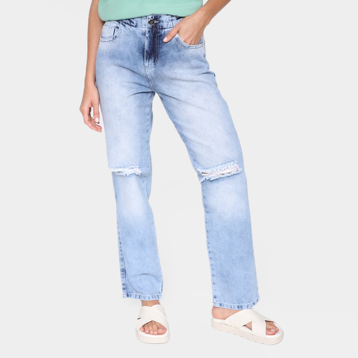 Calça Jeans Biotipo Mom Jeans Rasgos Feminina - Azul Claro Menor preço em Calça Jeans Biotipo Mom Jeans Rasgos Feminina - Azul Claro
