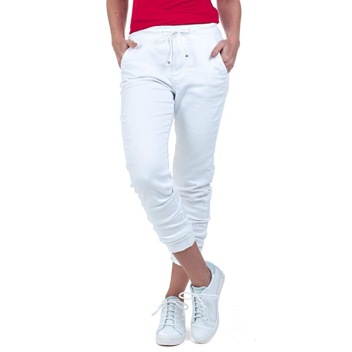 Calça Jeans Bloom Jogger Elástico Feminina - Branco Menor preço em Calça Jeans Bloom Jogger Elástico Feminina - Branco