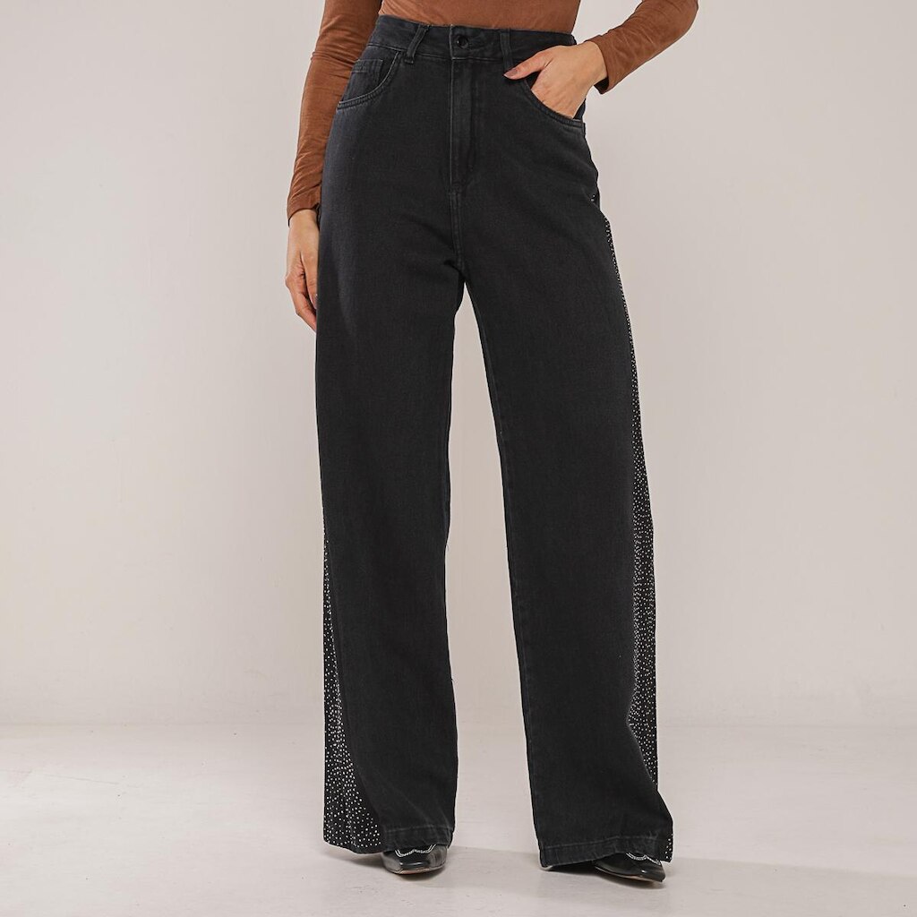 Calça Jeans Brilho Wide Leg Moda Boiadeira