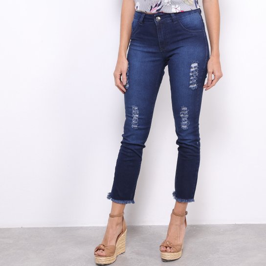 Calça Jeans Cigarrete Coffee Samadi Zíper Destroyer Rasgo Feminina - Jeans