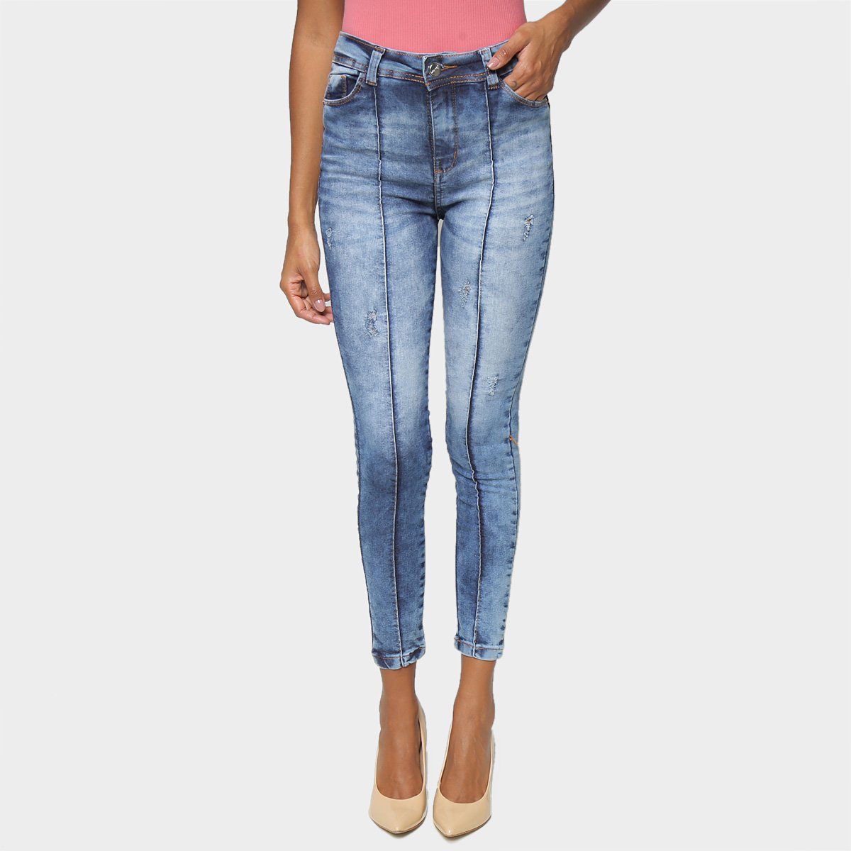Calça Jeans Cigarrete Jezzian Nervura Cintura Média Feminina - Azul Menor preço em Calça Jeans Cigarrete Jezzian Nervura Cintura Média Feminina - Azul