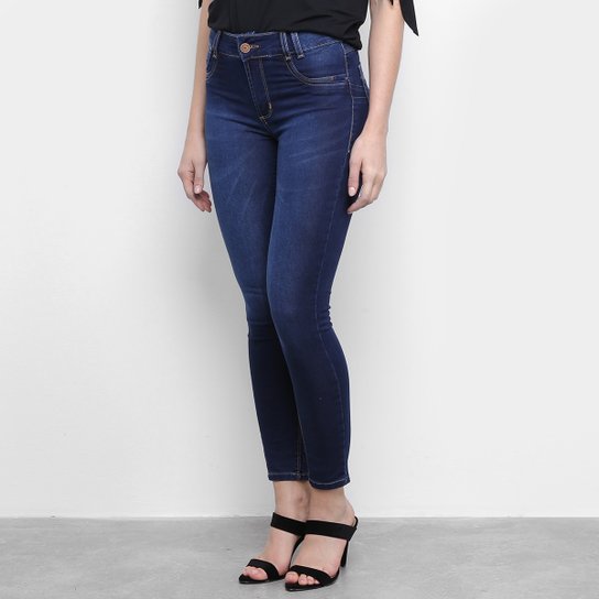 Calça Jeans Cigarrete Sawary Estonada Cintura Média Feminina - Azul