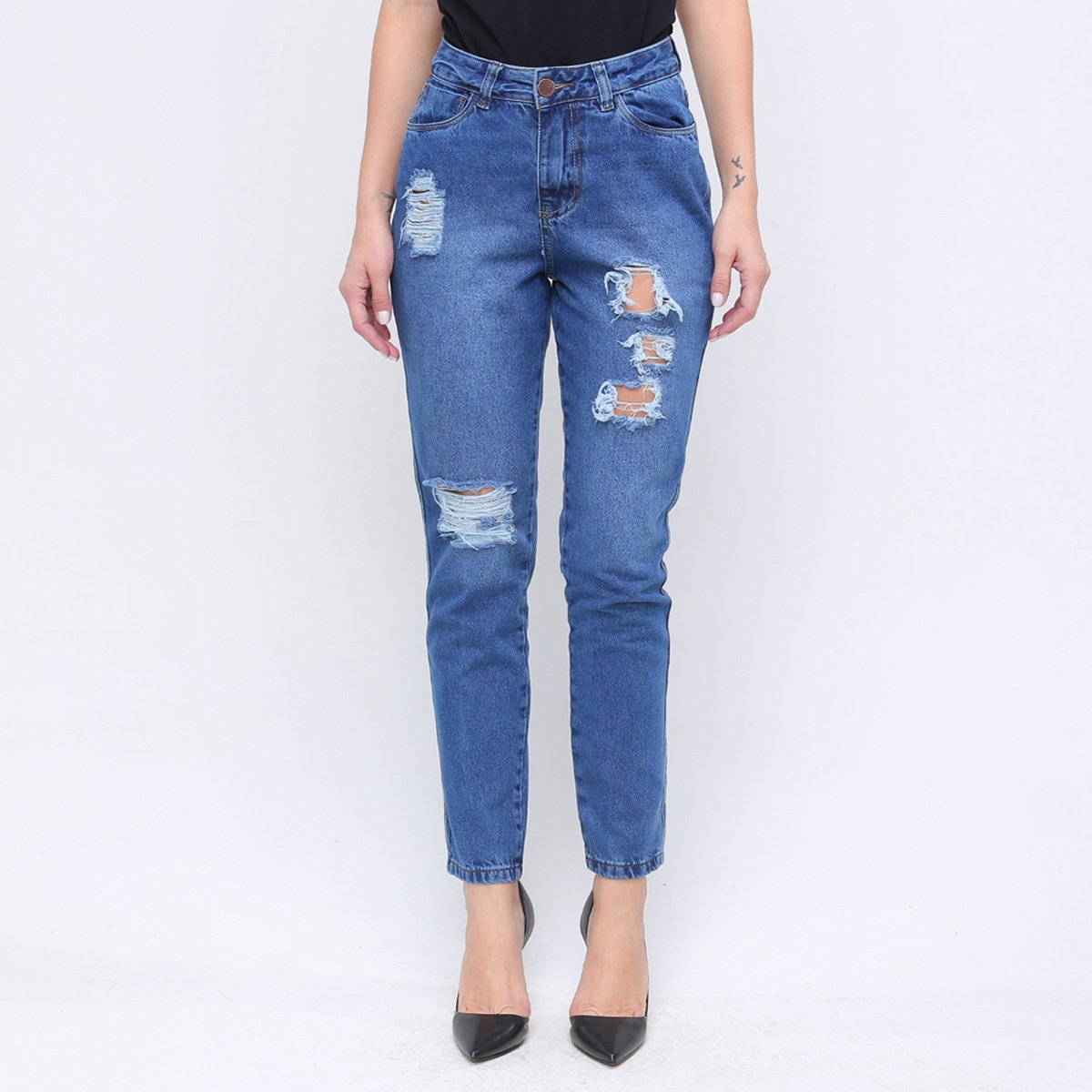 calça destroyed cintura alta