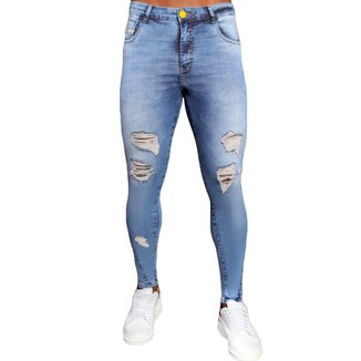 Calça Jeans Destroyed Masculina Azul Clara Skinny Premium