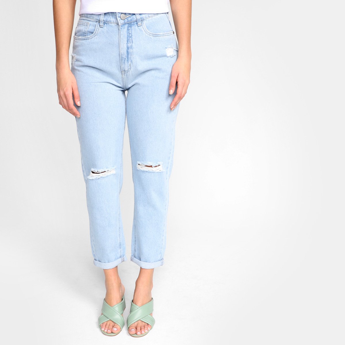 Calça Jeans Dzarm Rasgo Joelho Cintura Alta Feminina - Azul Claro Menor preço em Calça Jeans Dzarm Rasgo Joelho Cintura Alta Feminina - Azul Claro