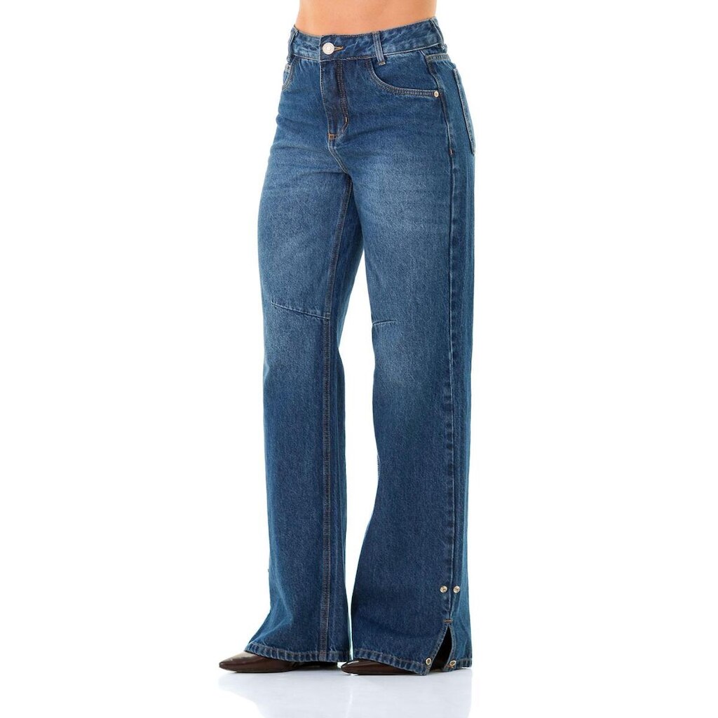 Calça Jeans Feminina Arauto Wide Leg Detalhe Barra