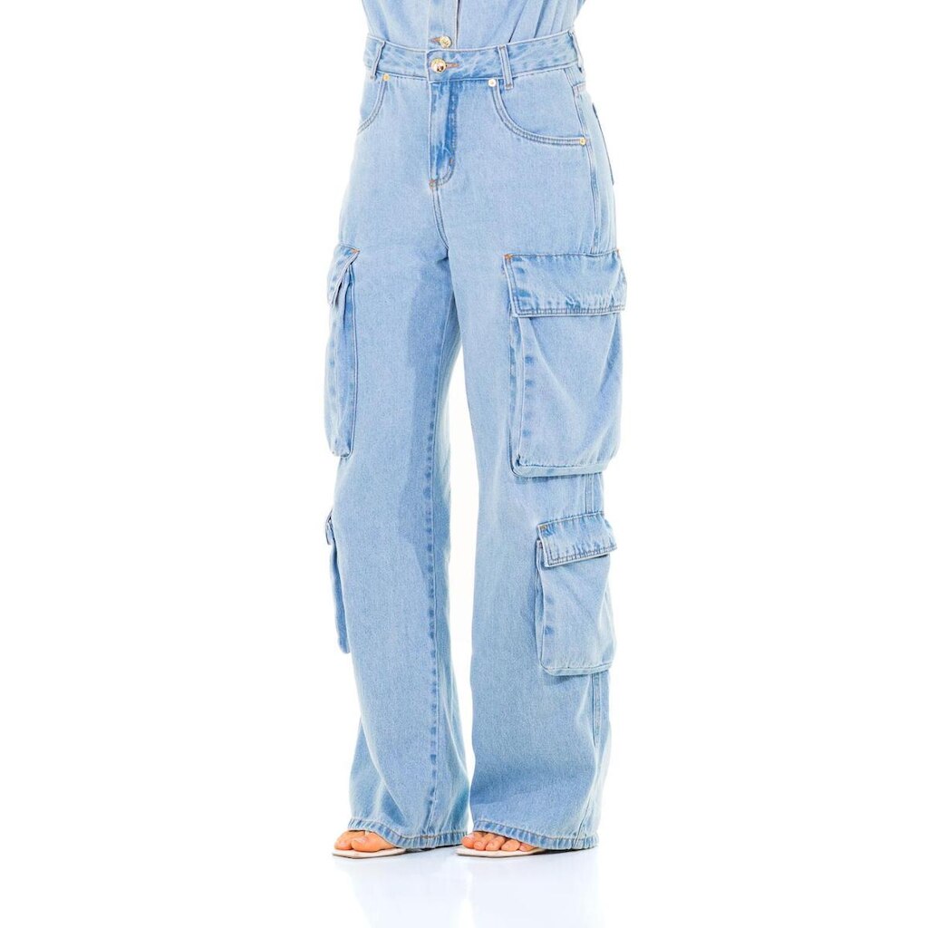Calça Jeans Feminina Arauto Wide Leg Super Cargo