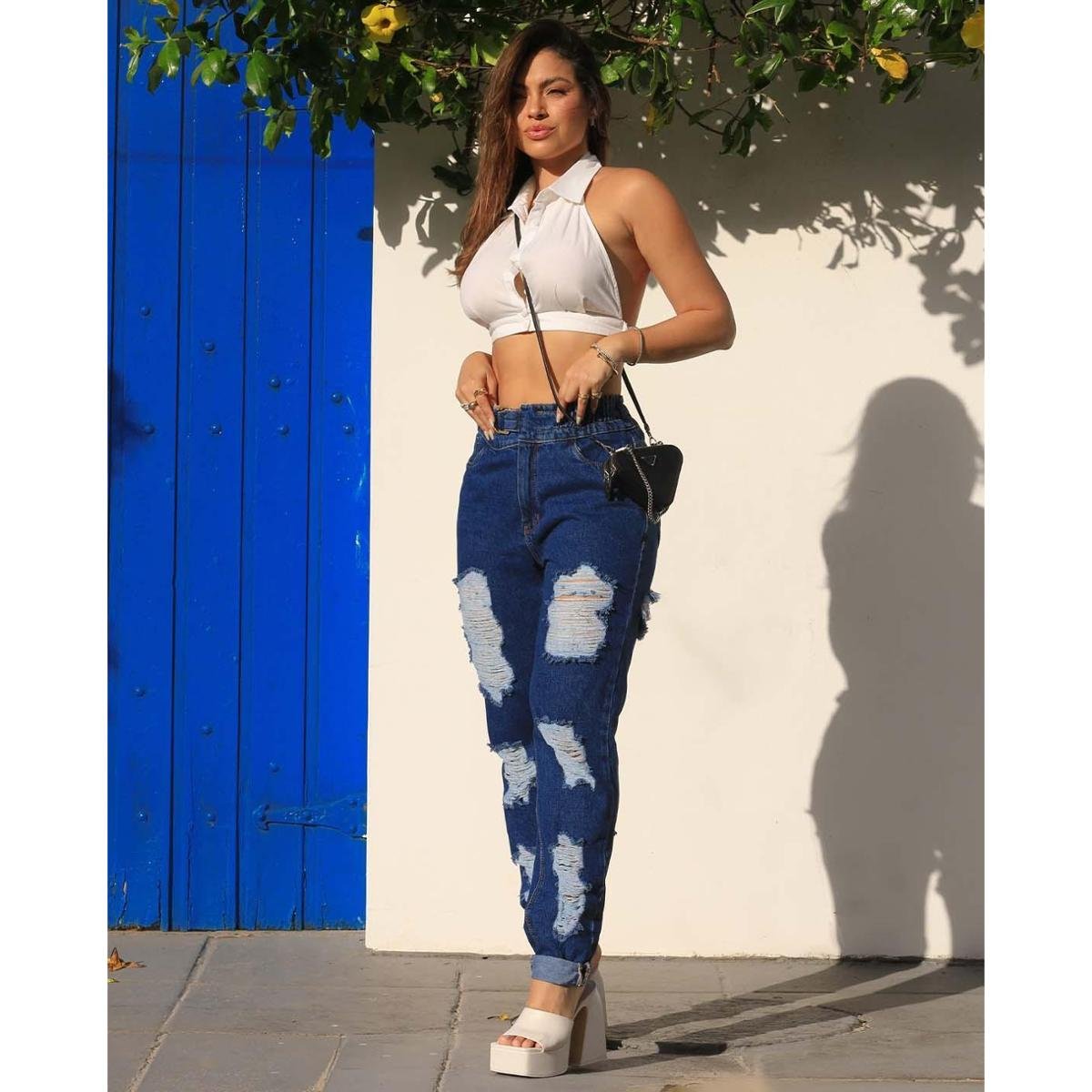 Calça Jeans Feminina Clochard com Cinto Embutido 21519 Escura