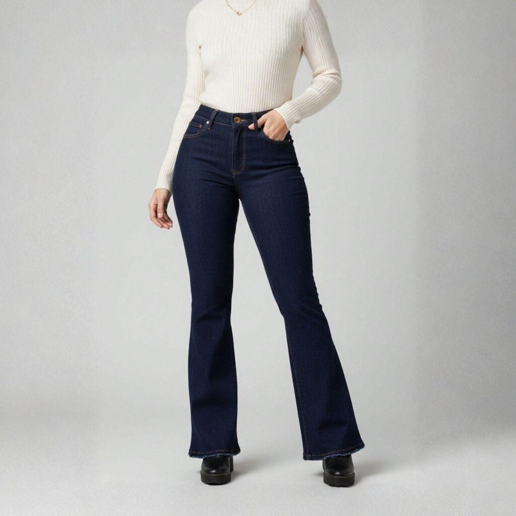 Calça Jeans Feminina Flare Cintura Alta Modeladora Escura Básica Casual