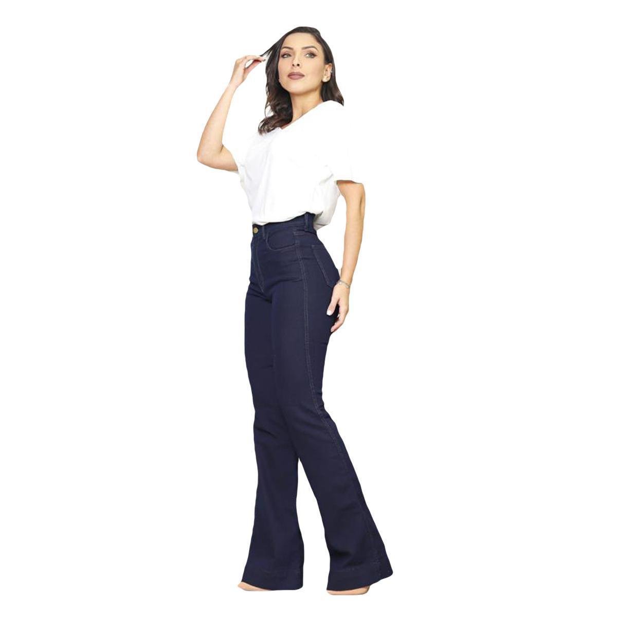 Calça Jeans Feminina Flare Cos Alto Cintura Alta - Azul Escuro Menor preço em Calça Jeans Feminina Flare Cos Alto Cintura Alta - Azul Escuro