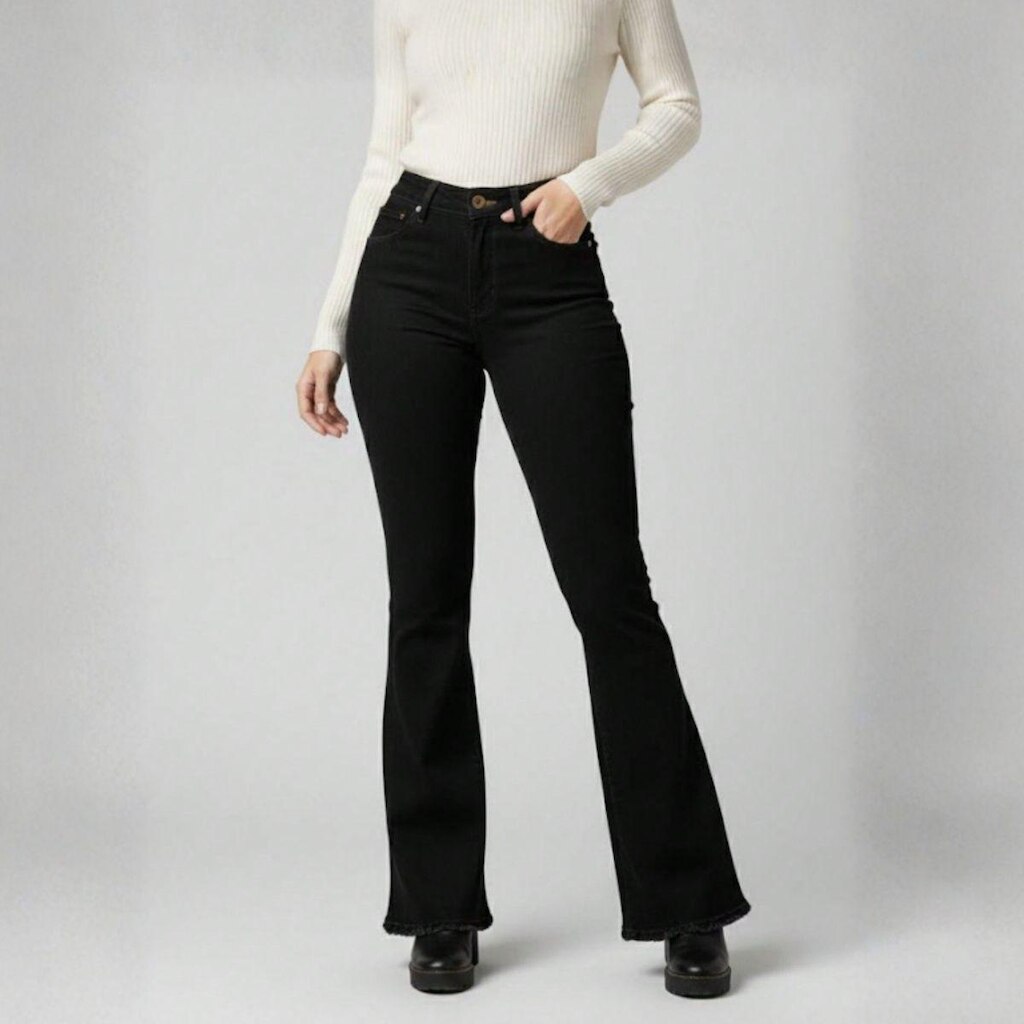 Calça Jeans Feminina Flare Preta Cintura Alta Modeladora Básica Casual