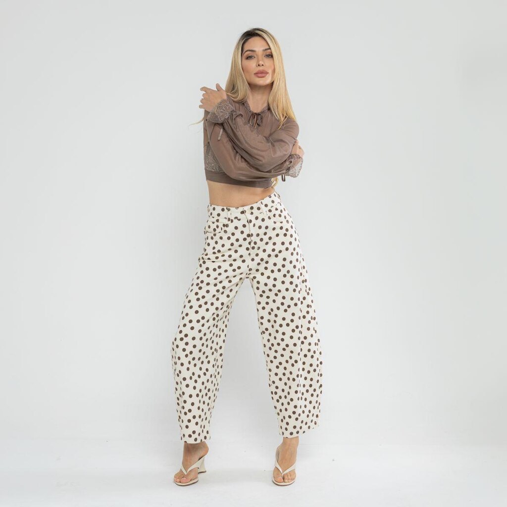 Calça Jeans Feminina Perna Larga Barrel Moda Poá Estação