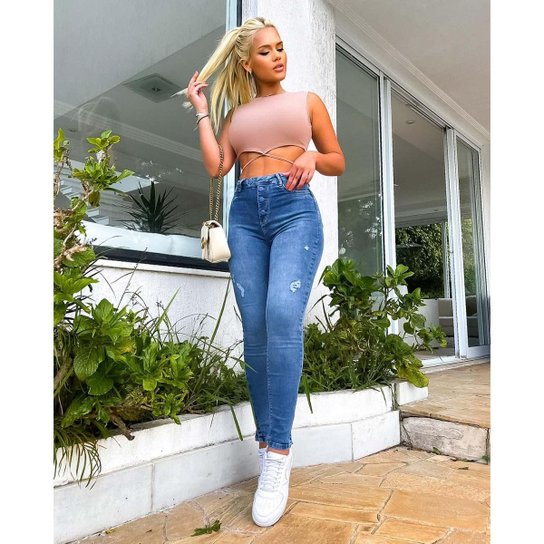 CALÇA JEANS FEMININA SKINNY HOT PANTS COM BOTÕES REVESTIDOS 21542