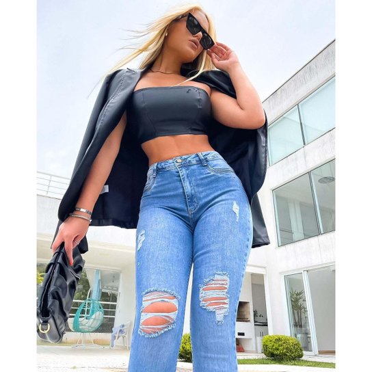 CALÇA JEANS FEMININA SKINNY HOT PANTS EXTREME POWER COM RASGOS E