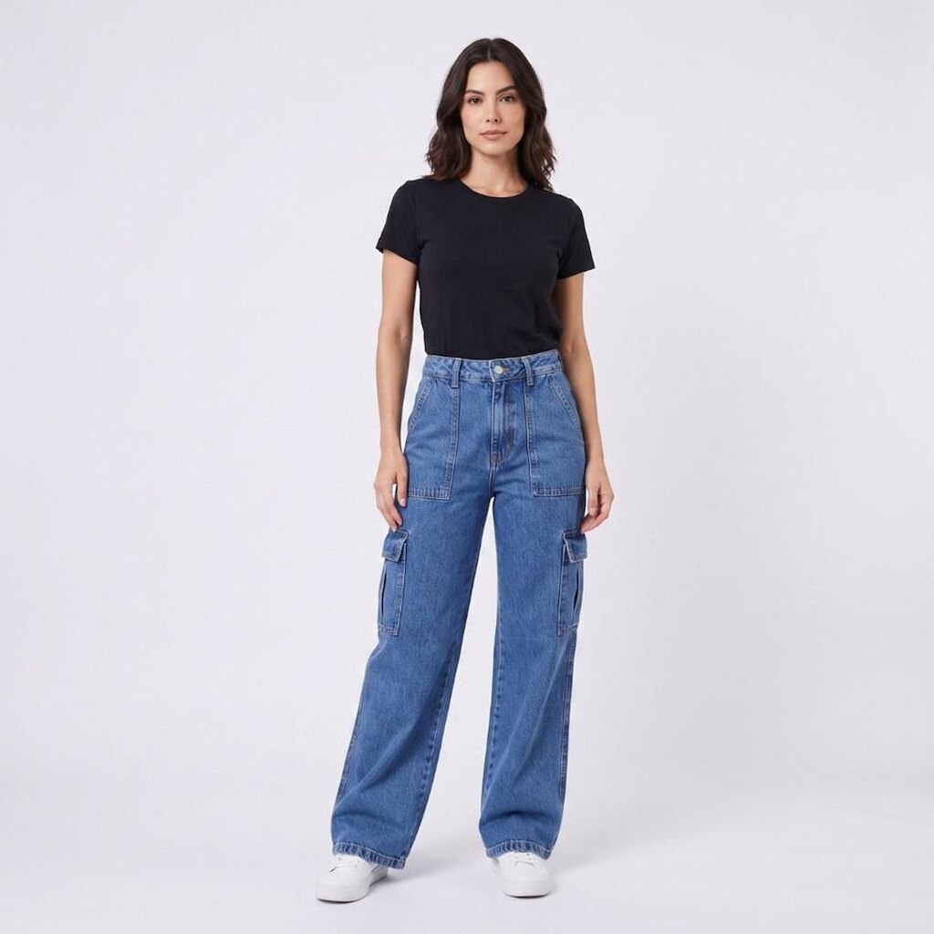 Calça Jeans Feminina Wide Leg Cargo Kult