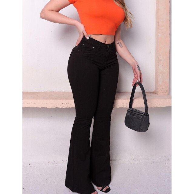 Calça Jeans Flare com Elastano Cintura Alta