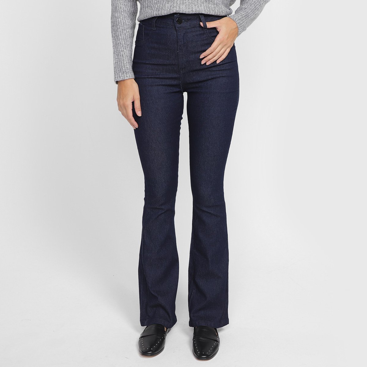 Calça Jeans Flare Exco Estonada Cintura Alta Feminina - Azul Menor preço em Calça Jeans Flare Exco Estonada Cintura Alta Feminina - Azul