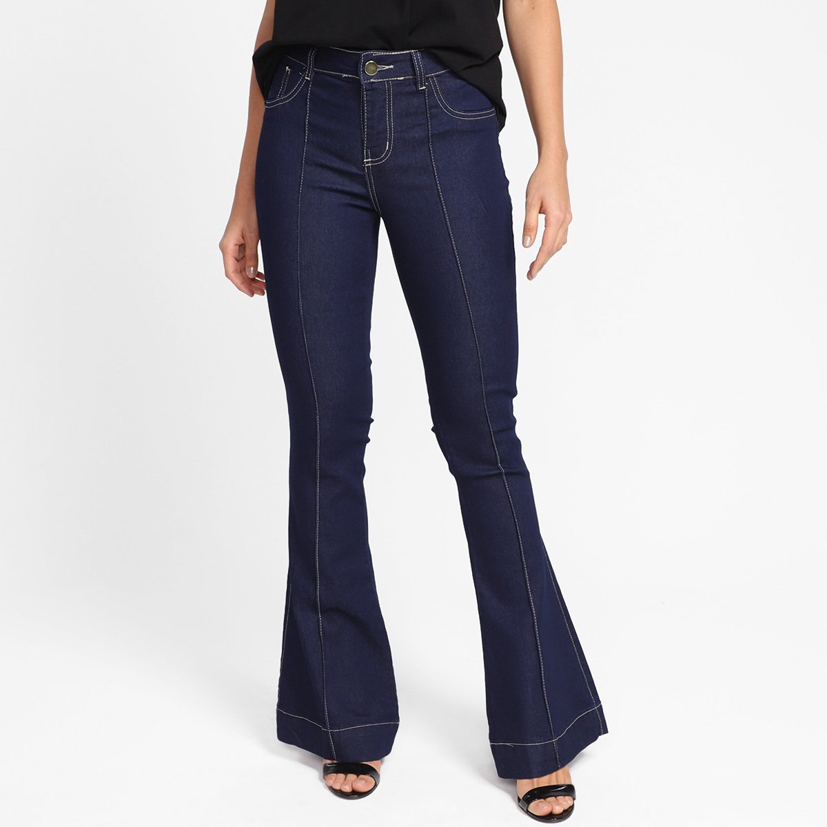 Calça Jeans Flare Grifle Cintura Média Feminina - Azul Menor preço em Calça Jeans Flare Grifle Cintura Média Feminina - Azul