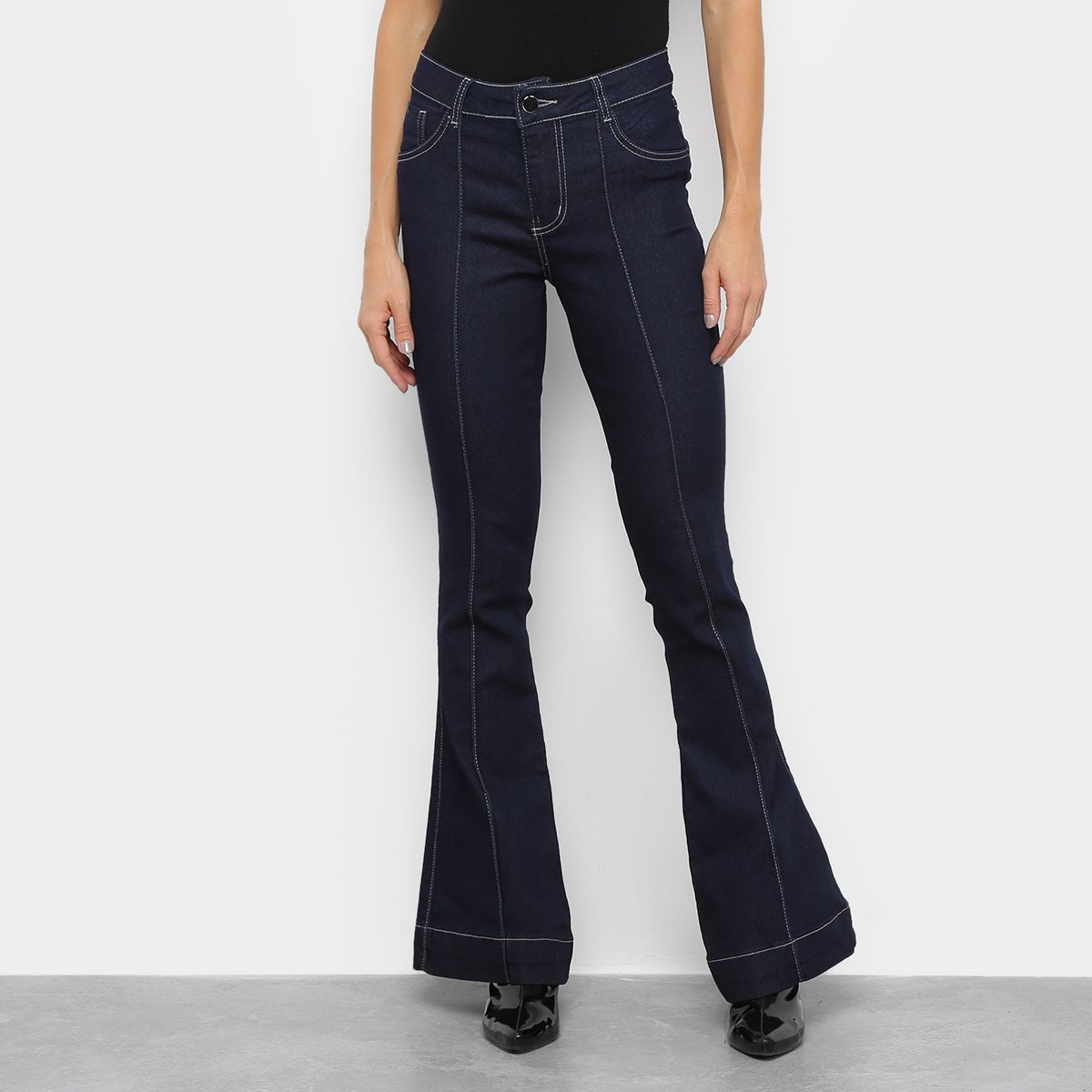 Calça Jeans Flare Vinco Cintura Média Feminina - Azul Menor preço em Calça Jeans Flare Vinco Cintura Média Feminina - Azul