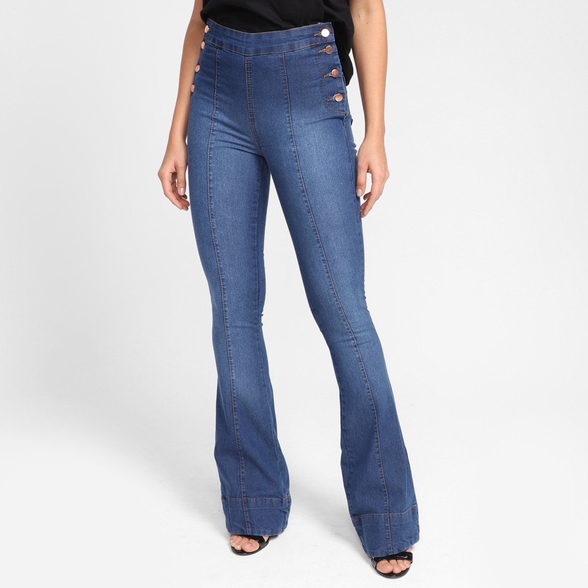 Calça Jeans Grifle Flare Botões Feminina - Azul Menor preço em Calça Jeans Grifle Flare Botões Feminina - Azul