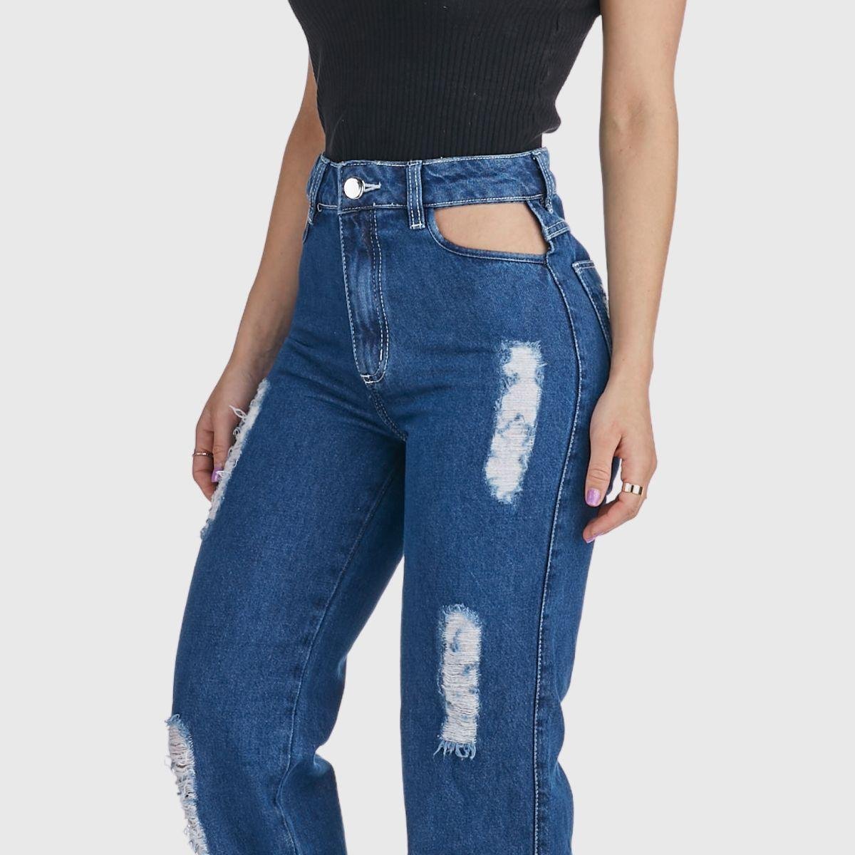 Calça Jeans HNO Jeans Bolso Vazado Wide Leg Cut Out Azul Marinho
