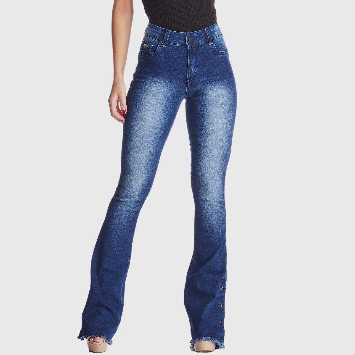 Calça Jeans HNO Jeans Flare com Botão na barra Azul - Azul Menor preço em Calça Jeans HNO Jeans Flare com Botão na barra Azul - Azul